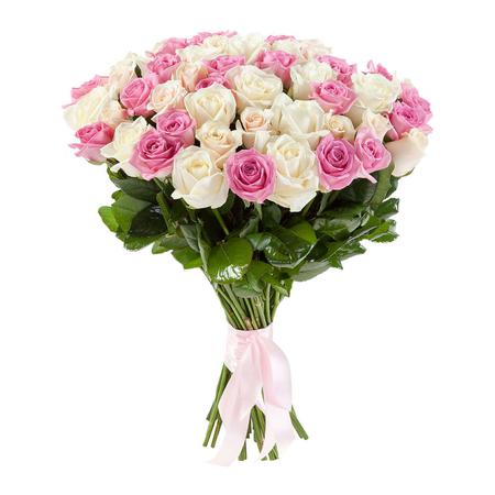 Букет из 51 белой и розовой розы 50 см